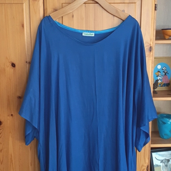 Blue Vibrant Oversized Plus Size Fringe Hem Vacation Beach Resort Swim coverup - Picture 3 of 6